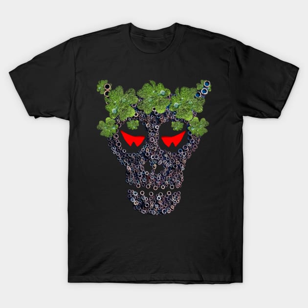 Creepy Skull In Green Clover "Crown" Retro St Patricks Day T-Shirt by Ai Wanderer